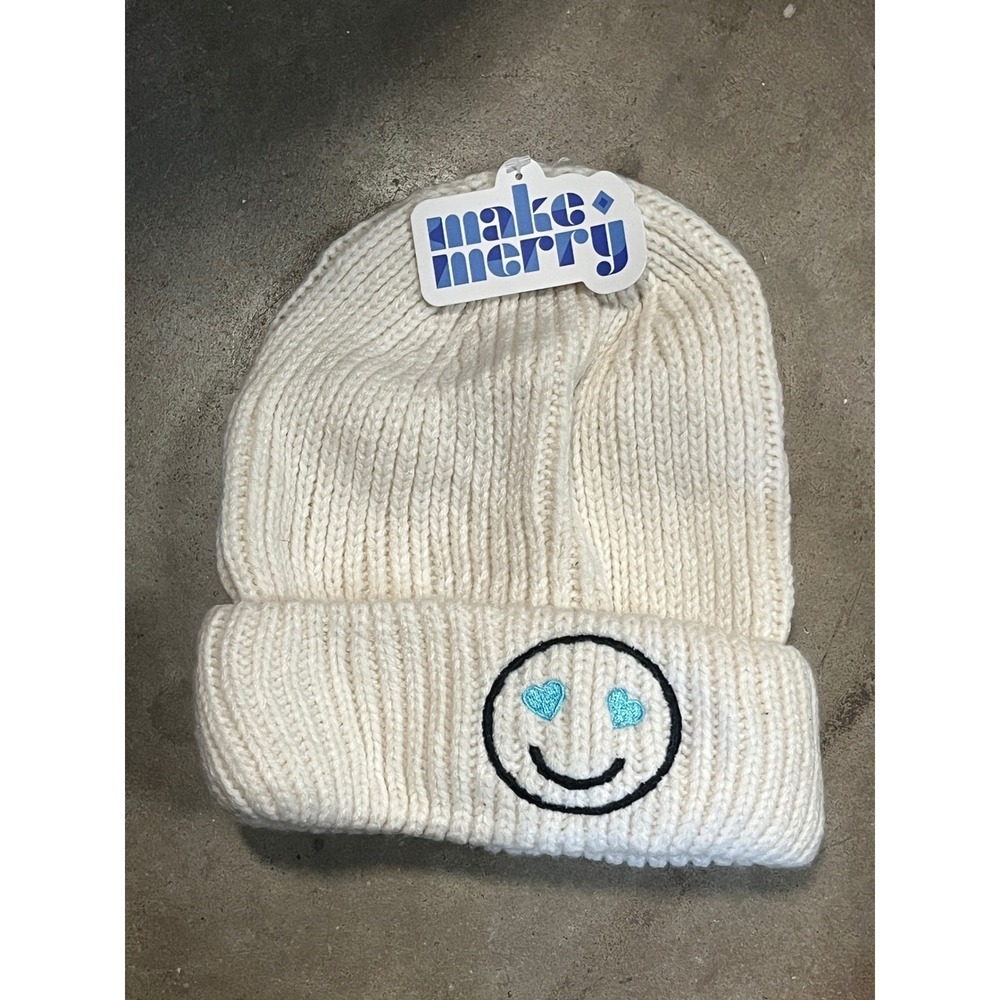 Make Merry Beanie Hat Cream White Smiley Face Hearts‎ One Size